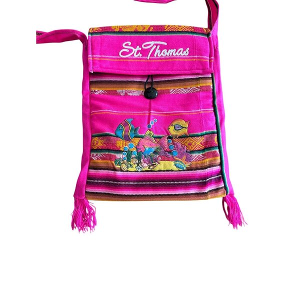 St. Thomas Pink Woven Crossbody Bag Embroidered Fish Design & Fringe Accents - Picture 3 of 9